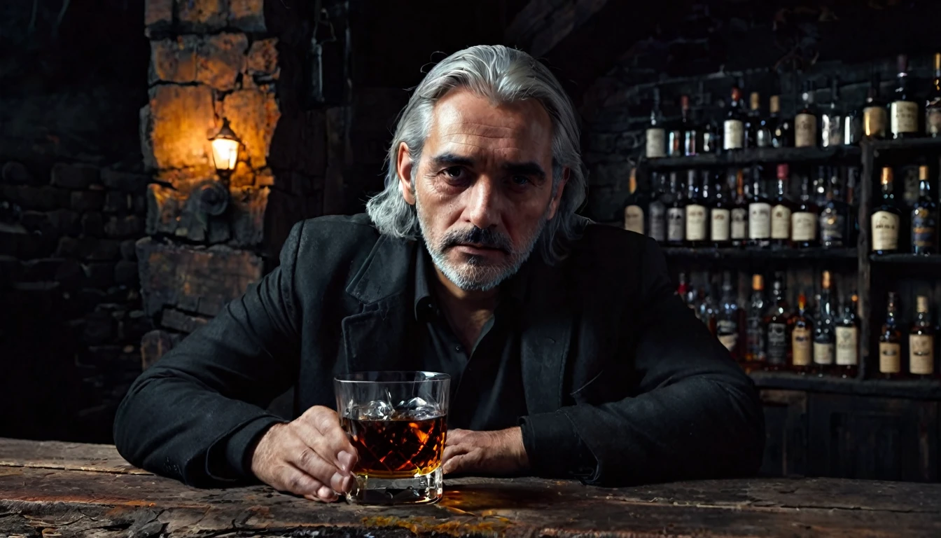 Middle-aged man, dark eyes, scar on his face, gray hair and black clothes. Sitting in the rustic bar drinking dark whiskey with low light, spooky atmosphere, cold night