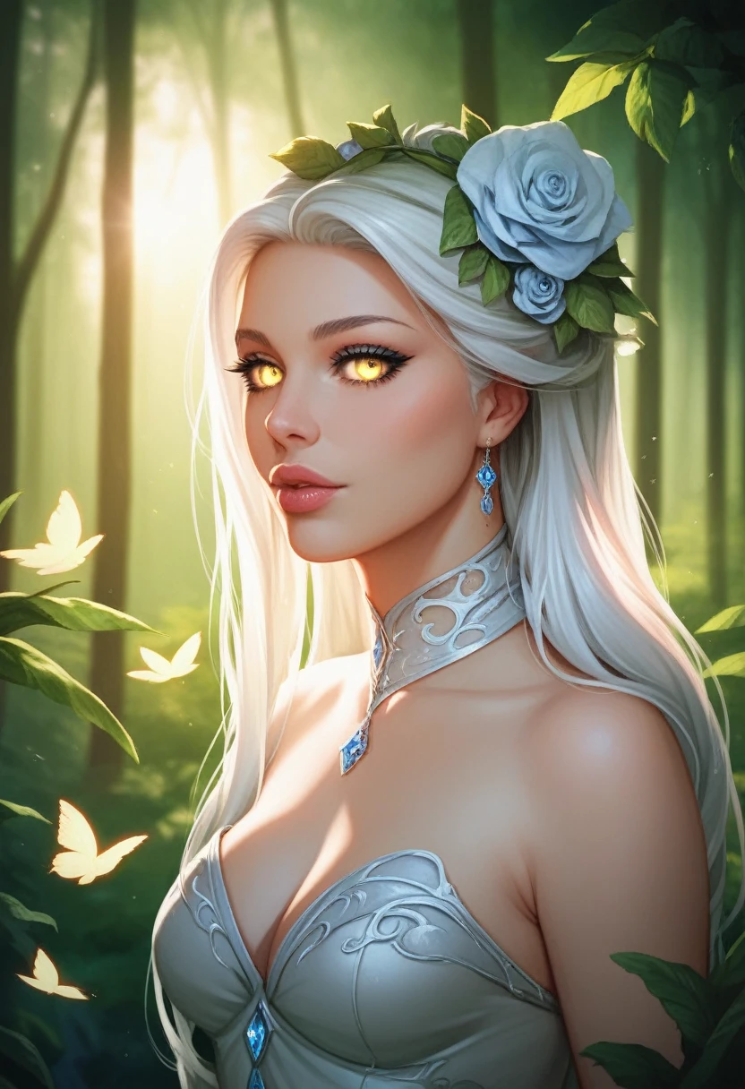 a young woman with long white hair, beautiful detailed eyes, beautiful detailed lips, extremely detailed face, long eyelashes, beautiful porcelain skin, elegant dress, standing in a lush forest, sunlight filtering through the trees, peaceful and serene atmosphere, detailed foliage, photorealistic, ultra-detailed, 8k, highres, vibrant colors, natural lighting, fantasy, digital art