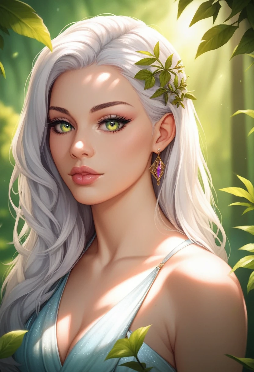 a young woman with long white hair, beautiful detailed eyes, beautiful detailed lips, extremely detailed face, long eyelashes, beautiful porcelain skin, elegant dress, standing in a lush forest, sunlight filtering through the trees, peaceful and serene atmosphere, detailed foliage, photorealistic, ultra-detailed, 8k, highres, vibrant colors, natural lighting, fantasy, digital art