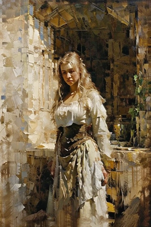 masterpiece, oil painting of Guinwen as a peasant girl, 8k, 1 girl, realistic oil painting, pretty face, Face of Guinwen, beautifully detailed eyes, very detailed, blond hair, blonde hair, gray eyes, visible waist, large breasts, huge breasts, Hairline, dancing in the spring, fully clothed, Mediovale, Portrait, Dungeon in the background, cages, full body, ((oil painting)), full cleavage