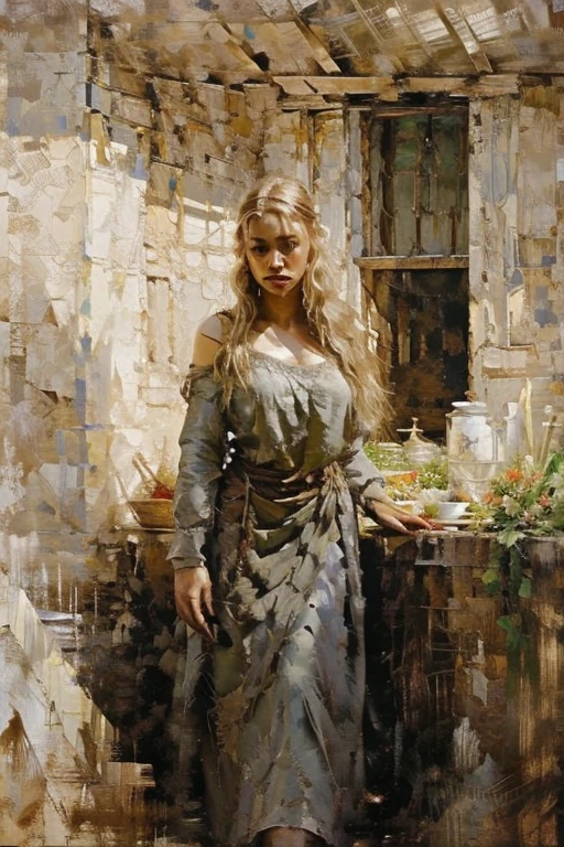 masterpiece, oil painting of Guinwen as a peasant girl, 8k, 1 girl, realistic oil painting, pretty face, Face of Guinwen, beautifully detailed eyes, very detailed, blond hair, blonde hair, gray eyes, visible waist, large breasts, huge breasts, Hairline, dancing in the spring, fully clothed, Mediovale, Portrait, Dungeon in the background, cages, full body, ((oil painting)), full cleavage