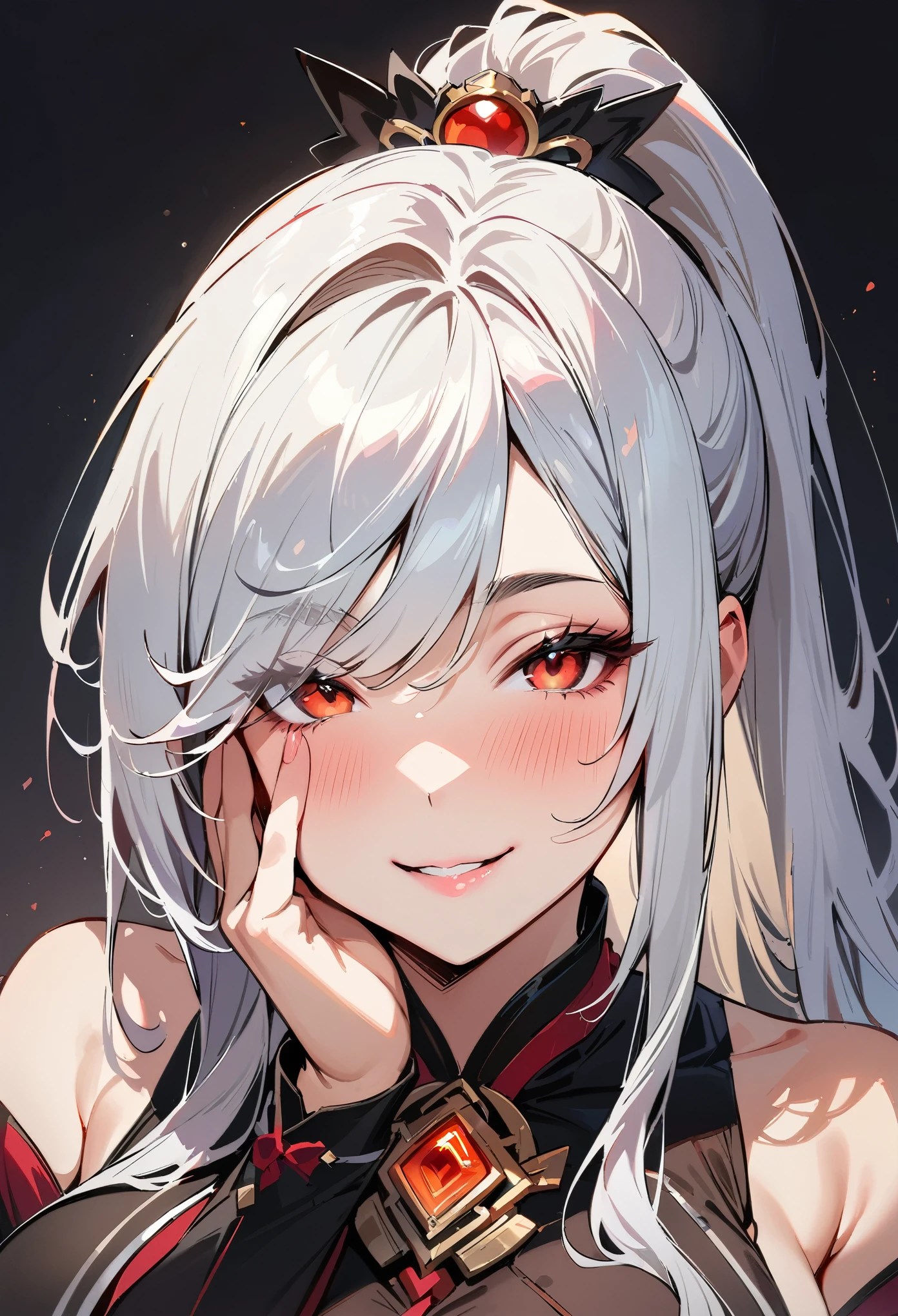 (masterpiece, best quality:1.4), 1 girl, 独奏, Red pupil, Blurred eyes, Smile, Look up and down, Pink lower lip, Left index finger touching face, Silver asymmetrical hairstyle, Long bangs on one side, High ponytail royal sister, Huge breasts, Black dress dress, Vision, black background.