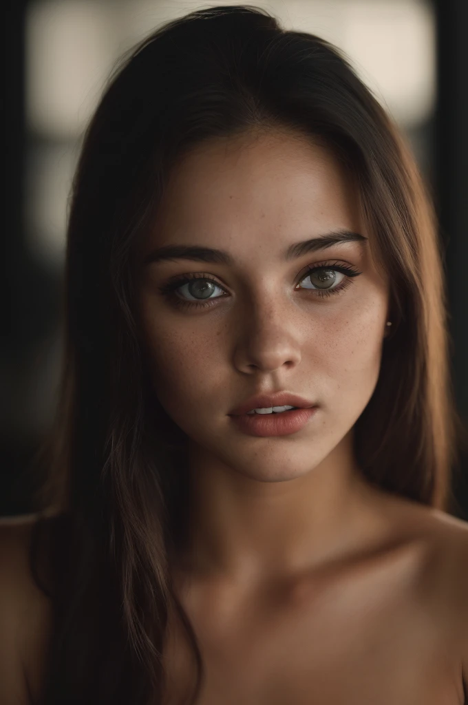 (close-up, editorial photograph of a 21 year old woman), (highly detailed face:1.4) (smile:0.7) (background inside dark, moody, private study:1.3) POV, by lee jeffries, nikon d850, film stock photograph ,4 kodak portra 400 ,camera f1.6 lens ,rich colors ,hyper realistic ,lifelike texture, dramatic lighting , cinestill 800, naked