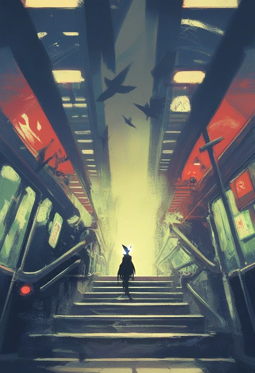 (score_9, score_8_up, score_7_up), zPDXL, 1 shadow, alone, looking at viewer, subway exit background, cyberpunk, abstract dark body, glowing white eyes, black face, black body, full body, his entire black body disembodied, going up the stairs, organic shadow, crows, humanoid figure wrapped in shadows, sinister and threatening figure, glowing eyes stand out in the darkness, almost amorphous dark silhouette, going up stairs, background with pipes and cyberpunk signs, ethereal almost liquid texture, it was made of a dark, viscous substance that drips and spreads, dark aura, black claws, seen from above,