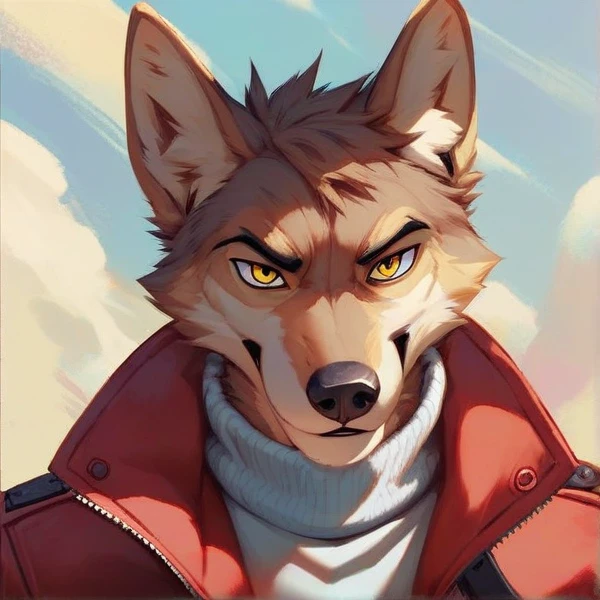 furry, coyote, male, yellow eyes, fluffy, beige fur , head view, white turtleneck, red Jacket