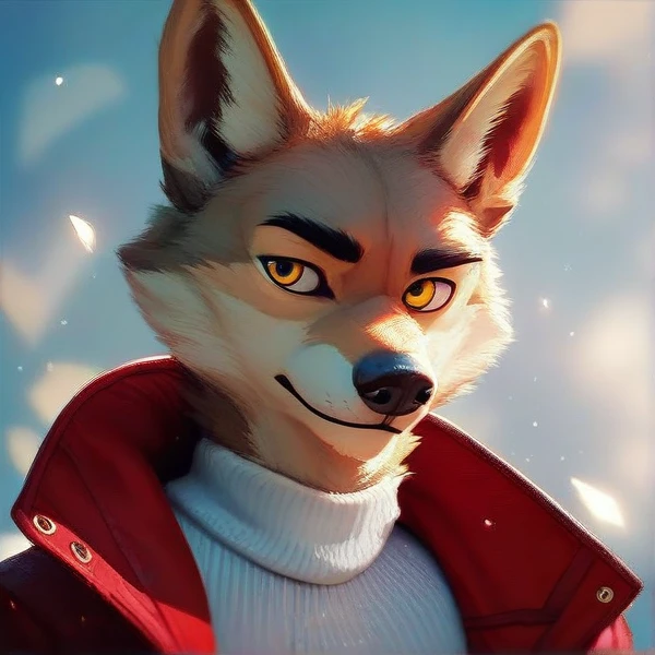 furry, coyote, male, yellow eyes, fluffy, beige fur , head view, white turtleneck, red Jacket