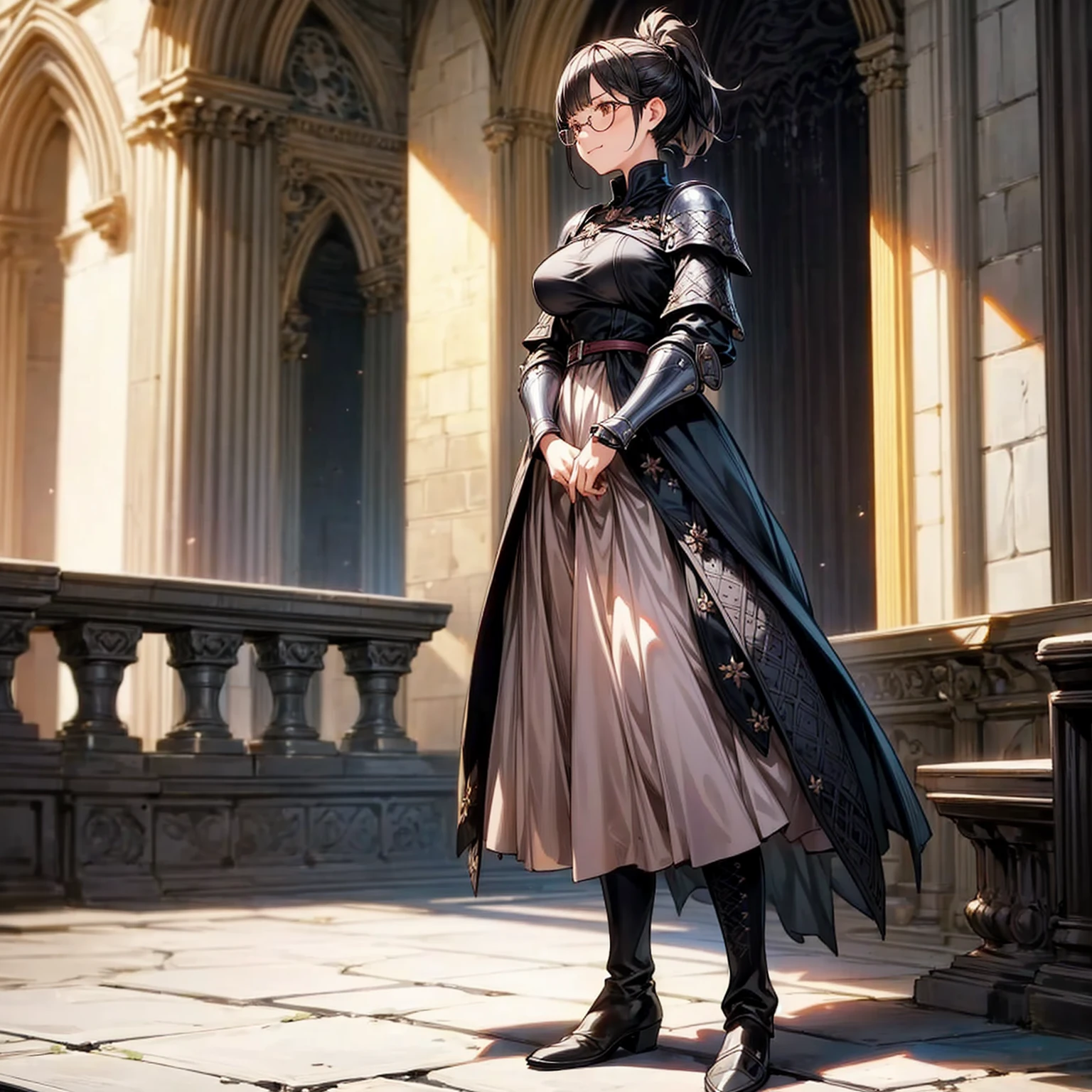 Solo character, full body version, girl, short hair, ponytail, black color hair, brown eyes, Round glasses, medieval soldier clothing, heavy armor, pink long dress, black boots, detailed shadow, (black clover style art), indoor, Castle, gesture bodyguard, sad eyes, smile mouth, Big breasts, high lighting effect 