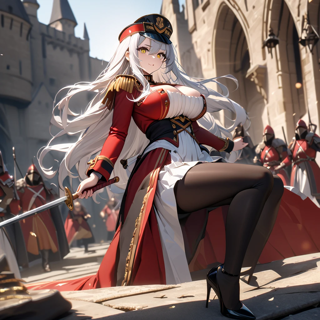 A woman wearing a royal guard uniform, red long-sleeved royal guard jacket, gold shoulder pads, tight black pants, wearing black heels, holding a sword, black royal guard hat, with red feather, white hair, long hair, yellow eyes , big breasts, standing, outside a medieval castle, perfect face, perfect eyes, HMS_Drake, Azur_lane, , .UHD , masterpiece, super details , high quality , best quality, 8k, high resolution, bokeh effect. (woman solo), close view.