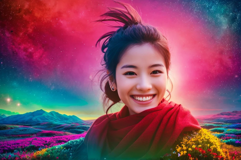 Highest quality masterpiece The most beautiful smile in the world Photo style Real The background is a vibrantly colored landscape