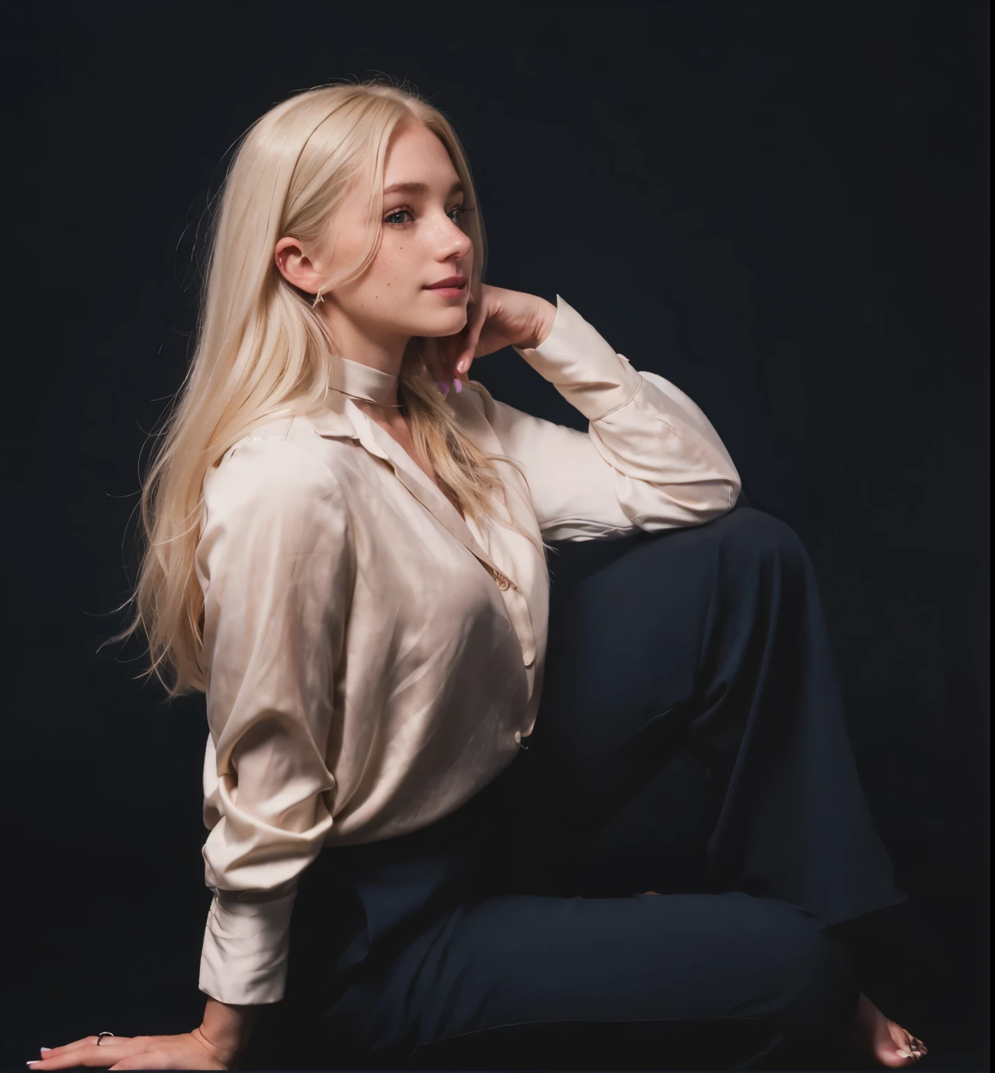 Woman, americana, age 25, pale skin and freckles, grey-eyed, delicate nose, soft and delicate lips, distant, cabelo blondie distant e ondulado na altura da cintura, Sweet smile, face with delicate feminine facial features, highly rendered, black leather pants