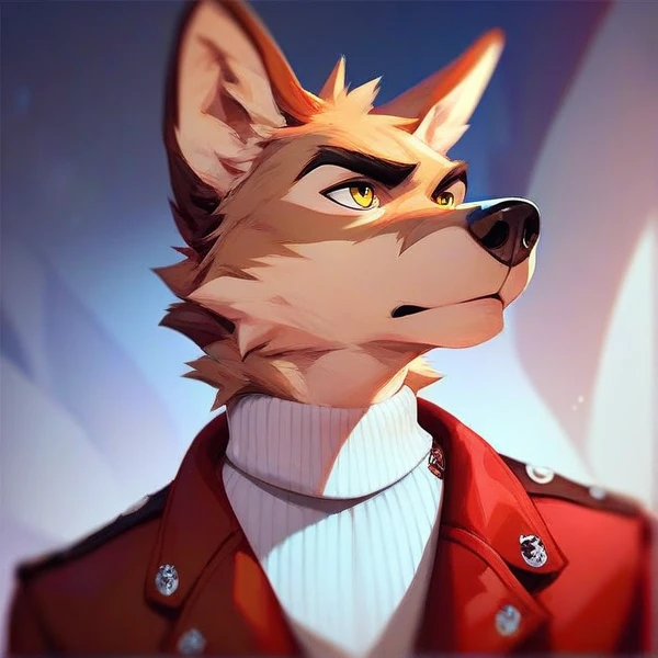 furry, coyote, male, yellow eyes, fluffy, beige fur , head view, white turtleneck, red Jacket