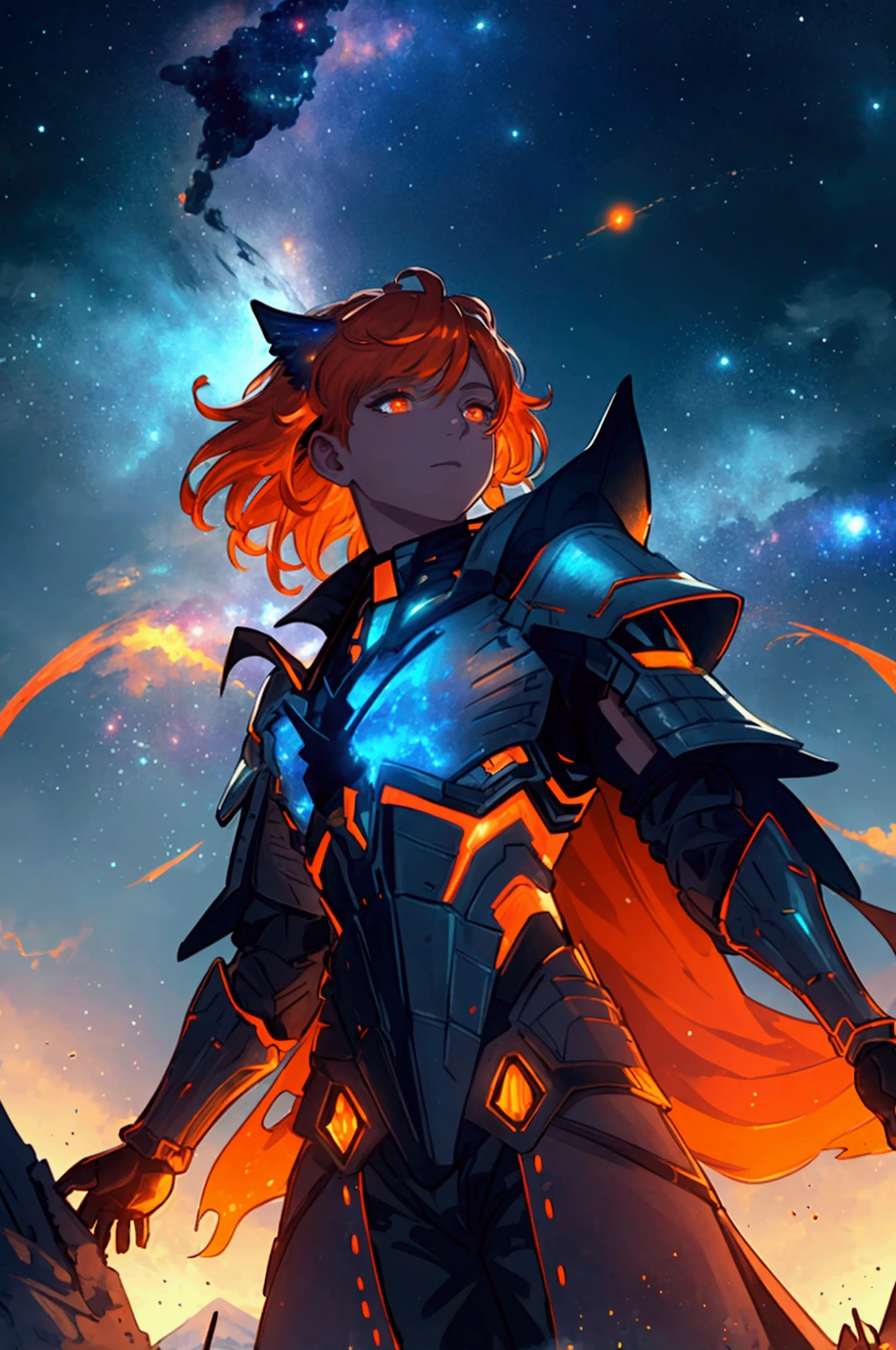 Enchanted kingdom in the background, high resolution, highest quality, illustration, ultra-detailed, (detailed face), (detailed eyes), soft lighting, best quality, hazy glow, dreamy atmosphere, hyper-detailed, masterpiece, 1 twink man, alone, orange undercut hair, orange, orange armor with red and black, glowing eyes, armor neckline, (colorful), warrior shot, from below, amidst fire, night, full moon, stars in the sky, busy, expansive landscape photograph, (a view from below that shows the sky above and the open field below), a man in an open field, (full moon:1.2), (shooting stars:0.9), (nebula:1.3), distant mountain, tree BREAK production art, (warm light source:1.2), (firefly:1.2), lamp, lots of red and orange, intricate details, volumetric lighting BREAK (masterpiece:1.2), (best quality), 4k, ultra-detailed, (dynamic composition:1.4), highly detailed, colorful details, (iridescent colors:1.2), (glowing lighting, atmospheric lighting), dreamy, magical, (solo:1.2).
