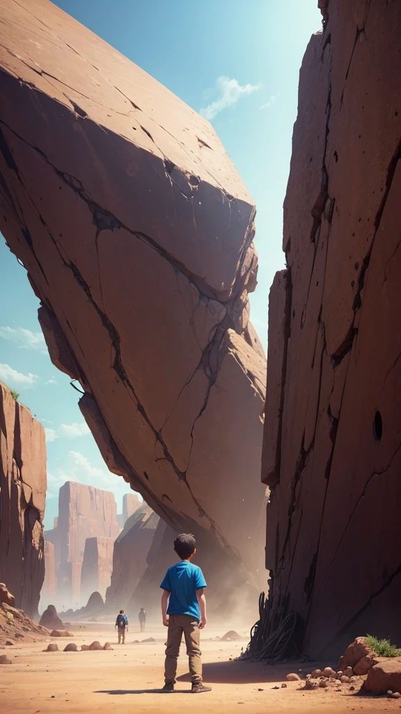 A boy standing in front of a massive obstacle, The animation style should resemble Pixar's realistic and detailed human forms, with vibrant colors and textures.