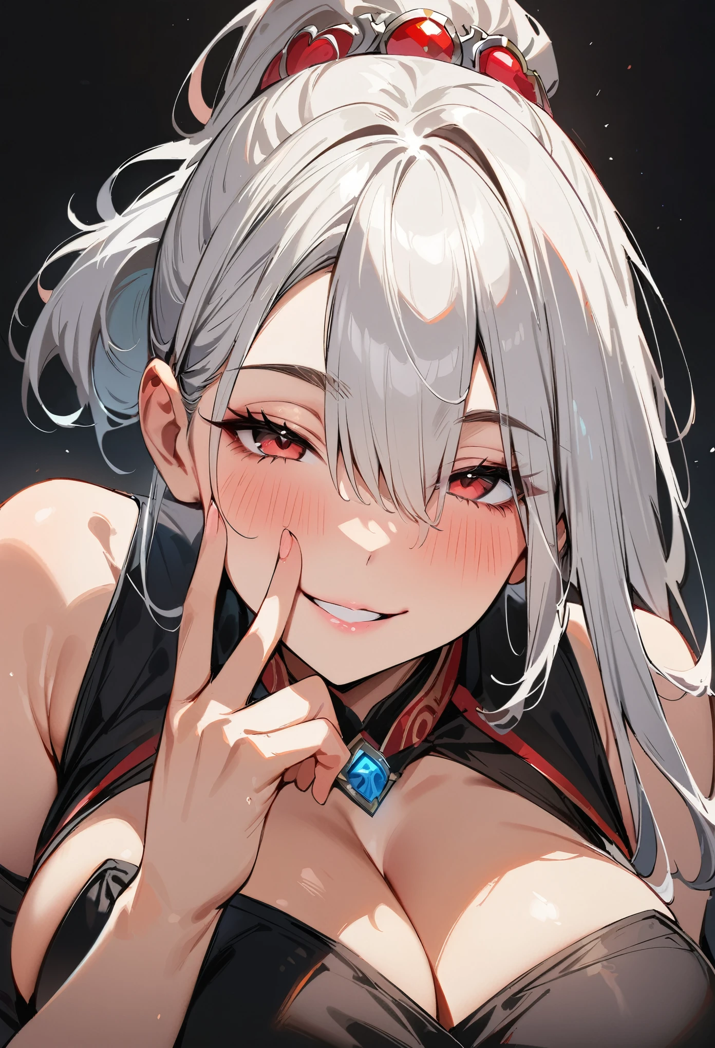 (masterpiece, best quality:1.4), 1 girl, 独奏, Red pupil, Blurred eyes, Smile, Look up and down, Pink lower lip, Left index finger touching face, Silver asymmetrical hairstyle, Long bangs on one side, High ponytail royal sister, Huge breasts, Black dress dress, Vision, black background.