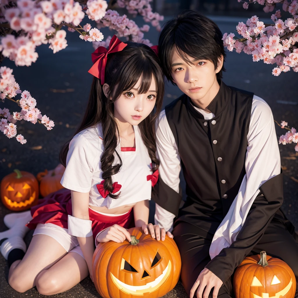 Anime guy and girl in Halloween costumes sitting under sakura