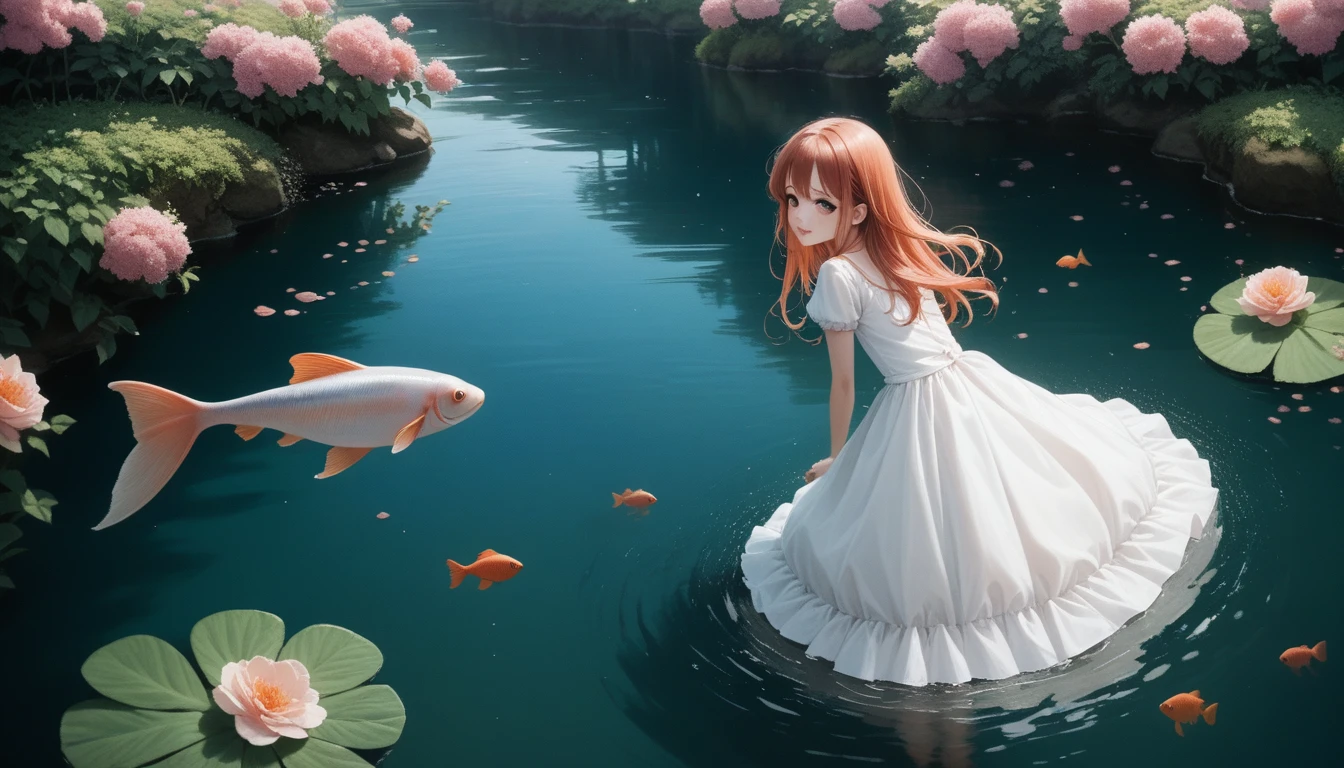 Here's a detailed prompt you can use to create an AI-generated image of a girl surrounded by koi fish and flowers in Niji anime style:
"A serene scene featuring a young girl wearing a flowing white dress, standing gracefully amidst a pond filled with vibrant koi fish. She is surrounded by beautiful flowers of various colors, gently swaying in the breeze. The girl has long, flowing hair and a serene expression on her face, capturing the tranquility of the moment. The artwork should be in Niji anime style, with vivid colors and soft, ethereal lighting that accentuates the delicate features of the girl and the lively koi fish swimming around her."