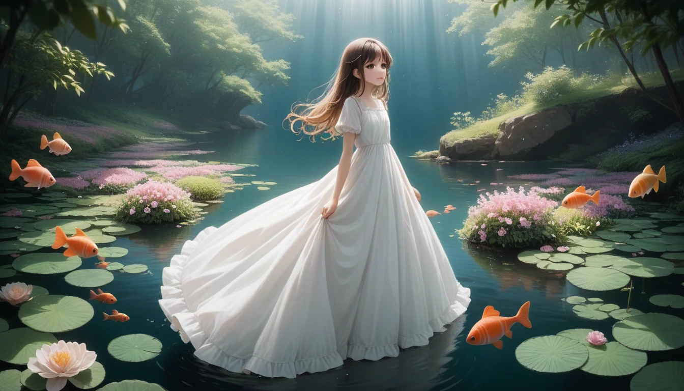 
Here's a detailed prompt you can use to create an AI-generated image of a girl surrounded by koi fish and flowers in Niji anime style:

"A serene scene featuring a young girl wearing a flowing white dress, standing gracefully amidst a pond filled with vibrant koi fish. She is surrounded by beautiful flowers of various colors, gently swaying in the breeze. The girl has long, flowing hair and a serene expression on her face, capturing the tranquility of the moment. The artwork should be in Niji anime style, with vivid colors and soft, ethereal lighting that accentuates the delicate features of the girl and the lively koi fish swimming around her."