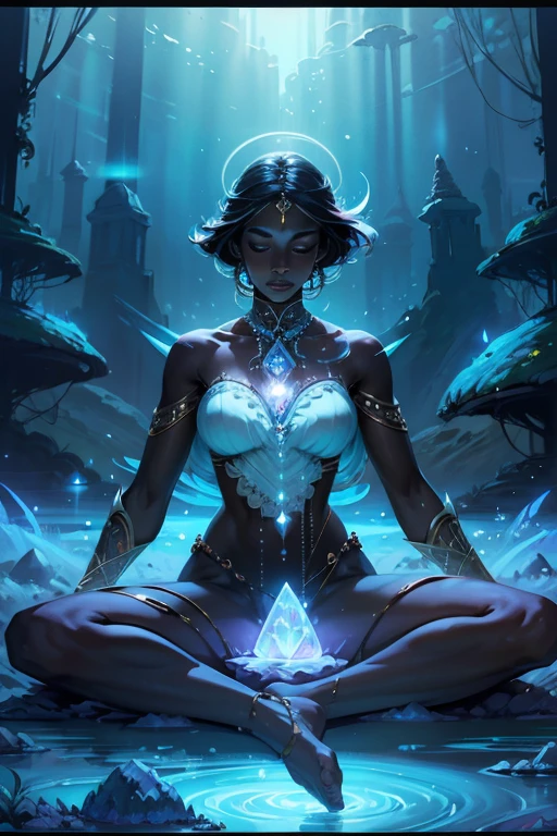An image of a serene dark-skinned woman meditating atop a floating island surrounded by ethereal mist and glowing crystals, illuminated by a soft, magical light, extremely detailed, ultra realistic, 10k high resolution, in the style of digital art, watercolor, and ink drawing, influenced by Fantasy Art, Impressionism, and Symbolism.