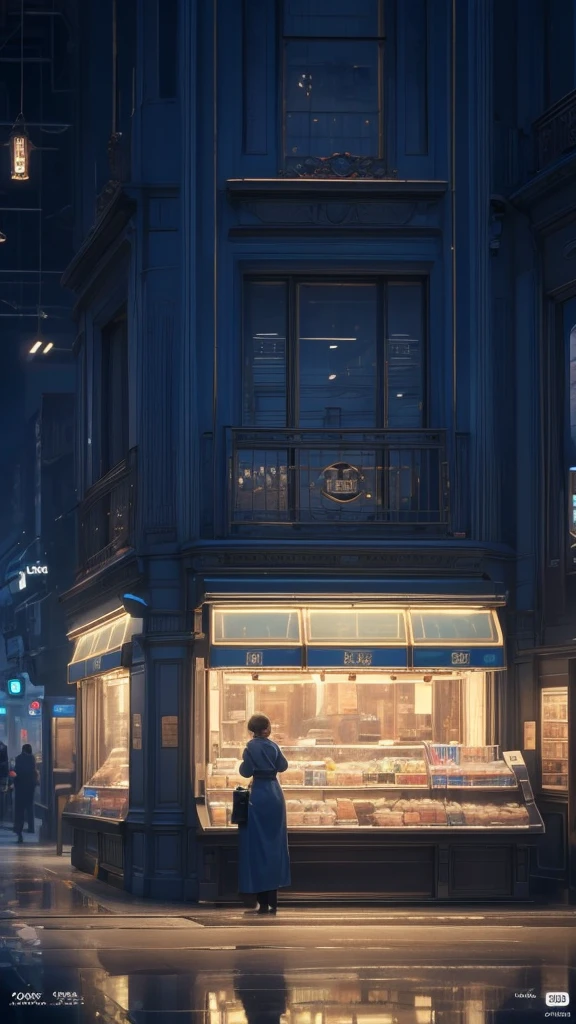 Highest quality,4K,High resolution,masterpiece:1.2,Very detailed,A realistic late-night convenience store,Young girl,Young female cashier at the register,Peaceful landscape,Dim lighting,Cold blue atmosphere,Quiet atmosphere,vacant store,Shadows of the Night,Flickering neon sign,Row of shelves,Snacks and beverages,Price tags,Reflection Bed,Polished counter,Stacking Registers,Cash register machine art style:Hyperrealism,Detailed directions,Realism of light and shadow,Photorealistic Lighting:Soft light coming from the ceiling lights,Illuminating the area around the cash register,A subtle shadow on the shelf,Glowing neon signs,Cold bluish tint,Create a peaceful atmosphere