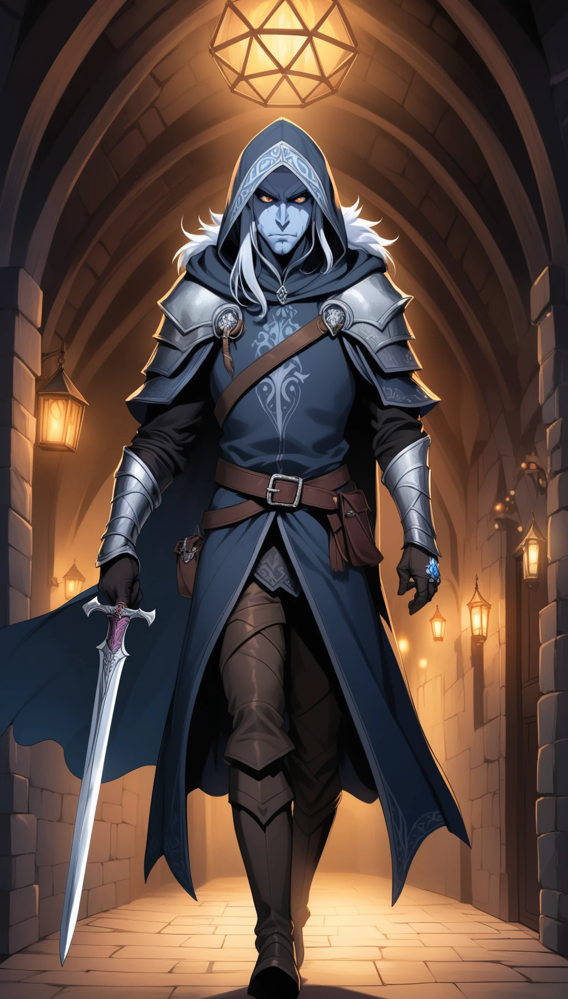 (1man, male, solo, Elf, Drow), (), (athletics, , , disgust face expression), (silver straight hair, long haircut), 
(Dungeons and Dragons, character), (Assassin), (walking), 
(medieval royal black jacket, medieval royal black cape and hood, royal black leather pants, leather boots, leather gloves), (holding object, holding dagger), 
(night king room background, dark room),
8K, RAW, best quality, ((masterpiece, best quality)), ultra high res, colorful, (medium wide shot), full body, (dynamic perspective), sharp focus, (depth of field, bokeh:1.3), extremely detailed eyes and face, beautiful detailed eyes, 