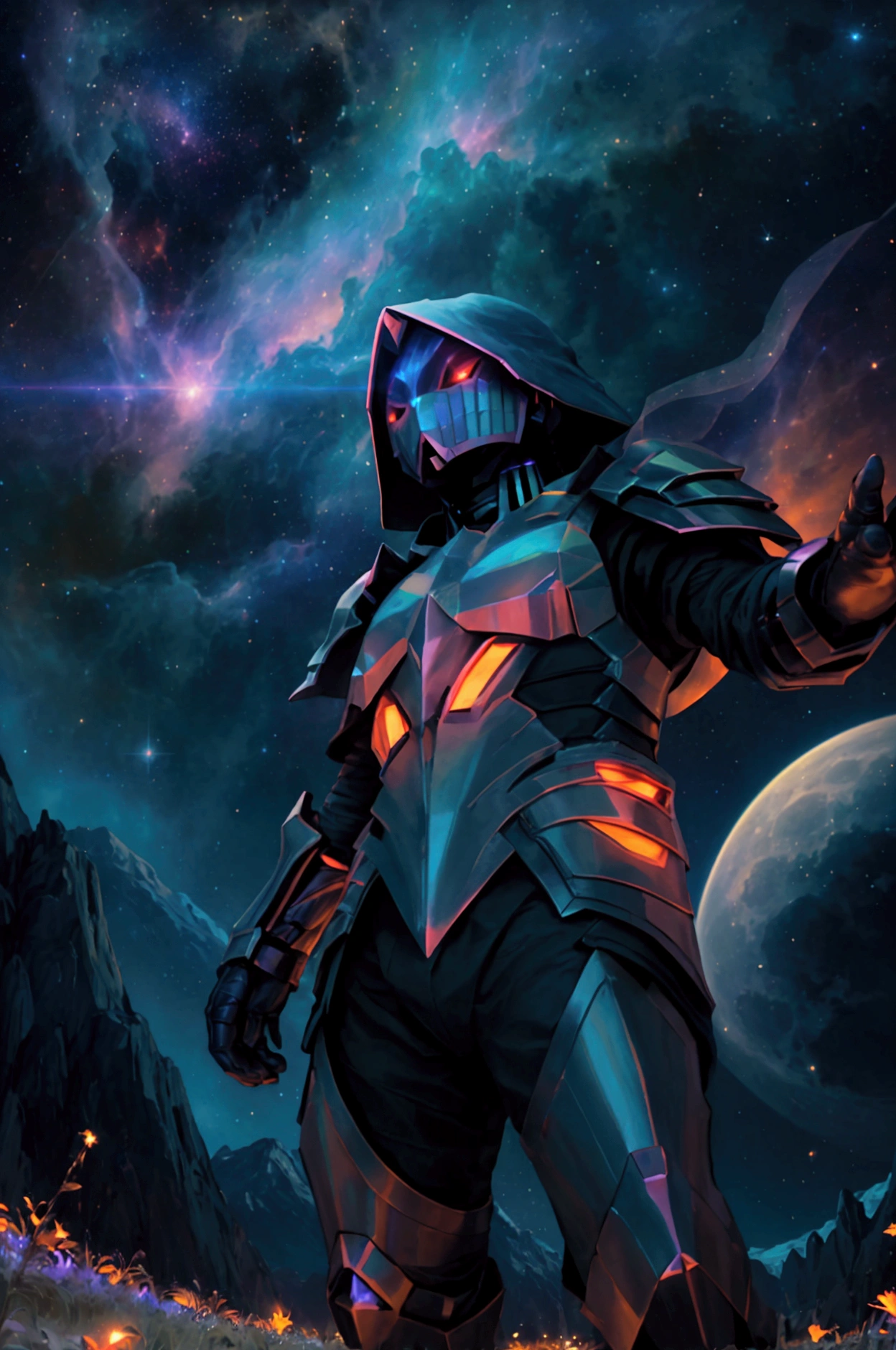 Enchanted kingdom in the background, high resolution, highest quality, illustration, ultra-detailed, (detailed face), (detailed eyes), soft lighting, best quality, hazy glow, dreamy atmosphere, hyper-detailed, masterpiece, 1 twink man, alone, orange undercut hair, orange, orange armor with red and black, glowing eyes, armor neckline, (colorful), warrior shot, from below, amidst fire, night, full moon, stars in the sky, busy, expansive landscape photograph, (a view from below that shows the sky above and the open field below), a man in an open field, (full moon:1.2), (shooting stars:0.9), (nebula:1.3), distant mountain, tree BREAK production art, (warm light source:1.2), (firefly:1.2), lamp, lots of red and orange, intricate details, volumetric lighting BREAK (masterpiece:1.2), (best quality), 4k, ultra-detailed, (dynamic composition:1.4), highly detailed, colorful details, (iridescent colors:1.2), (glowing lighting, atmospheric lighting), dreamy, magical, (solo:1.2).