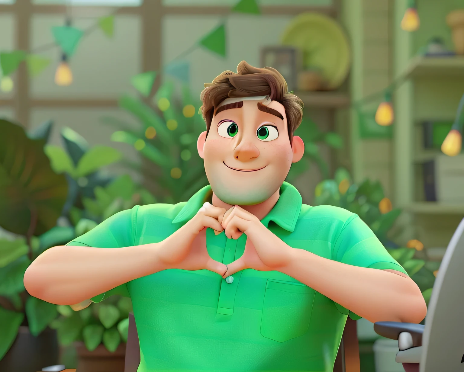 A man in a pixar-style green shirt in high quality
