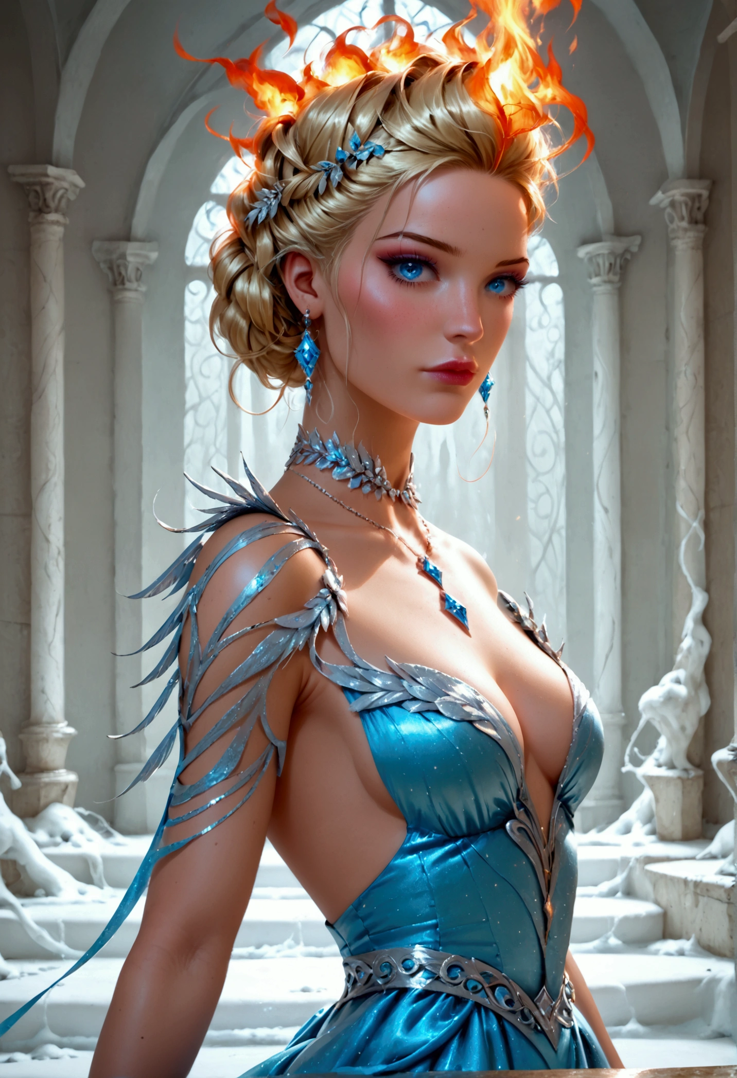 a glamour picture shot, of an elite model covered in fire walking on a icy catwalk, an extraordinary glamourous elite female model, ((full body: 1.5)),  ((anatomically correct: 1.5), (ultra detailed face: 1.2), best detailed face, blond hair, long hair, lush hair, glam hair cut, blue eyes, delicate face, light make up, wearing intricate detailed dress, glamour dress, haute couture dress, elite fashion dress, FireMagicAI,  small cleavage, wearing high heels, elegant high heels, she wears diamond necklace, she is covered in fire, she walks on an icy catwalk, image reflecting in the ice IceMagicAI, elite fashion show background, vibrant, Hyperrealism style, vibrant, Ultra-high resolution, High Contrast, (masterpiece:1.5), highest quality, Best aesthetics), best details, best quality, highres, ultra wide angle, 16k, [ultra detailed], masterpiece, best quality, (extremely detailed) RAW, FireMagicAI, IceMagicAI, Dark Art Painting Style