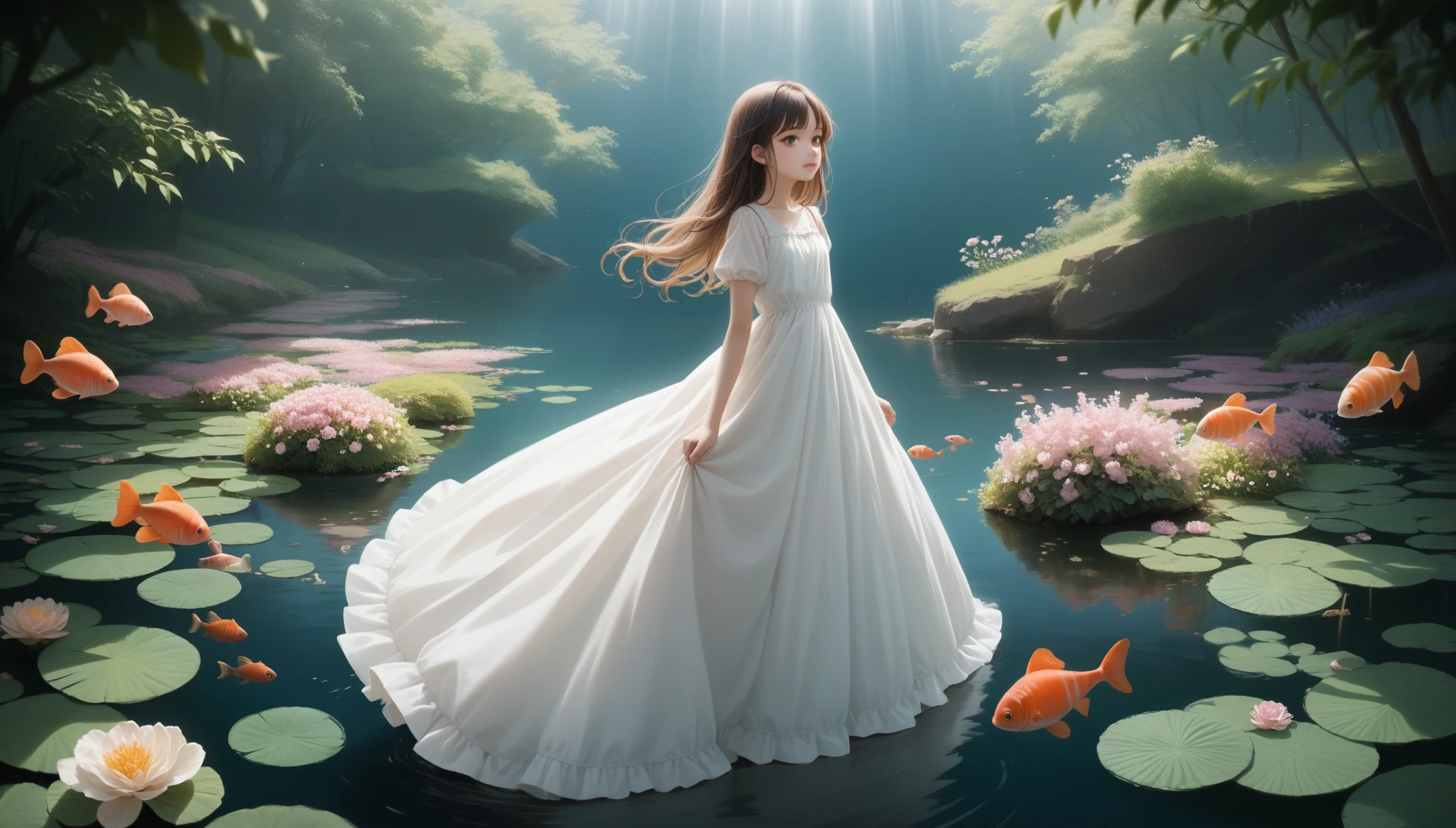 
Here's a detailed prompt you can use to create an AI-generated image of a girl surrounded by koi fish and flowers in Niji anime style:

"A serene scene featuring a young girl wearing a flowing white dress, standing gracefully amidst a pond filled with vibrant koi fish. She is surrounded by beautiful flowers of various colors, gently swaying in the breeze. The girl has long, flowing hair and a serene expression on her face, capturing the tranquility of the moment. The artwork should be in Niji anime style, with vivid colors and soft, ethereal lighting that accentuates the delicate features of the girl and the lively koi fish swimming around her."