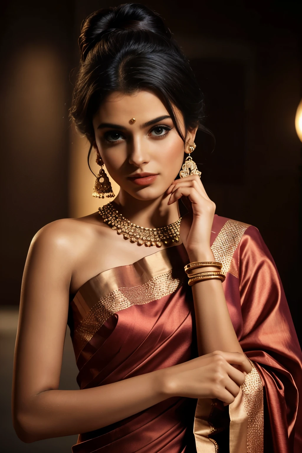 In this photograph, an Indian Instagram female model in her mid-20s takes hugging her self. (highly detailed face:1.4) (smile:0.7) (background 5-star hotel, moody, private study:1.0V, by Lee Jeffries, Nikon D850, film stock photograph, 4 Kodak Portra 400, camera f1.6 lens, rich colors, hyper-realistic, lifelike texture, dramatic lighting, Cinestill 800, realistic). She is wearing a apple printed modern saree that exudes elegance and sophistication. The saree features a vibrant and intricate design with rich colors and detailed patterns, draped gracefully around her. The blouse is sleeveless but with intricate embroidery and beadwork, complementing the saree’s luxurious fabric. She is tying her hair with raised hands, Completing her look, she adorns herself with traditional jewelry, including bangles, earrings, and a necklace. The model's hair is styled in a classic bun with jasmine flowers, adding a modern twist to her traditional attire.
The photograph is meticulously captured in 8K resolution using cutting-edge techniques such as Cinema 4D and Octane Render, resulting in a highly detailed and photorealistic image. Studio lighting, HDR, and a smoky mist create a captivating ambiance, while the bokeh effect adds an artistic touch.