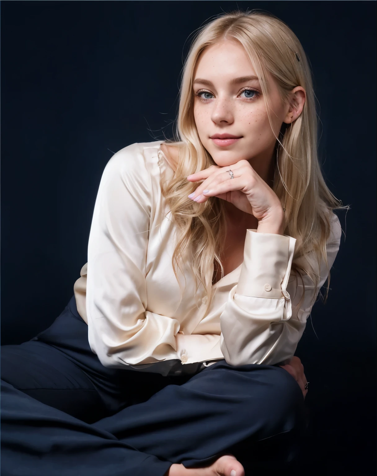 Woman, americana, age 25, pale skin and freckles, grey-eyed, delicate nose, soft and delicate lips, distant, cabelo blondie distant e ondulado na altura da cintura, Sweet smile, face with delicate feminine facial features, highly rendered, black leather pants