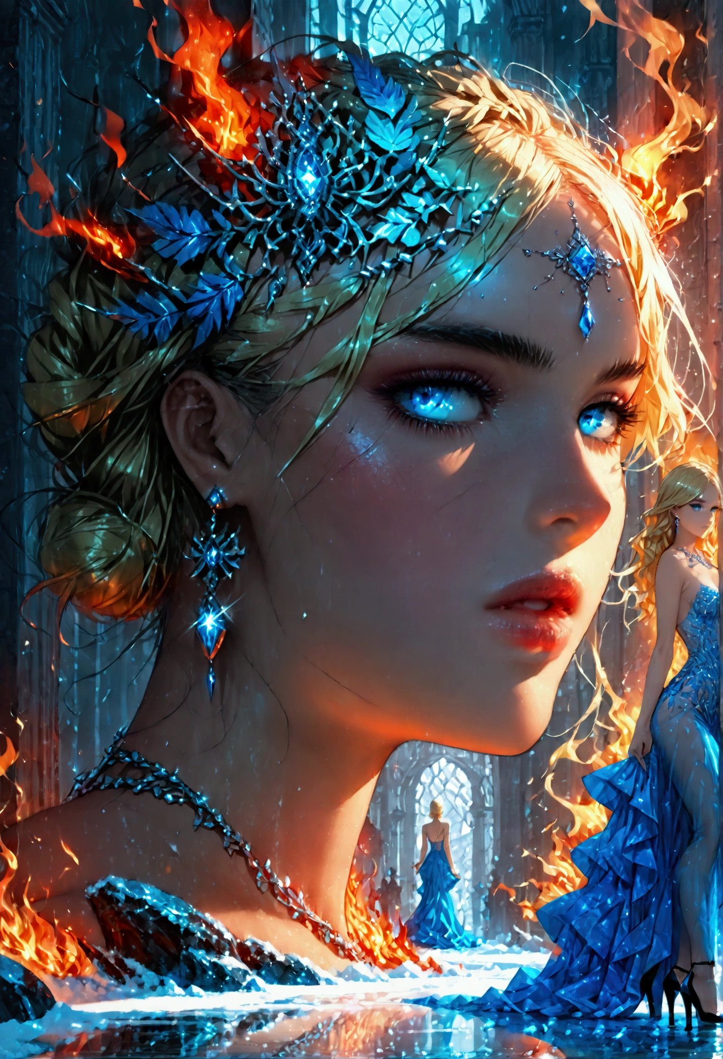 a glamour picture shot, of an elite model covered in fire walking on a icy catwalk, an extraordinary glamourous elite female model, ((full body: 1.5)),  ((anatomically correct: 1.5), (ultra detailed face: 1.2), best detailed face, blond hair, long hair, lush hair, glam hair cut, blue eyes, delicate face, light make up, wearing intricate detailed dress, glamour dress, haute couture dress, elite fashion dress, FireMagicAI,  small cleavage, wearing high heels, elegant high heels, she wears diamond necklace, she is covered in fire, she walks on an icy catwalk, image reflecting in the ice IceMagicAI, elite fashion show background, vibrant, Hyperrealism style, vibrant, Ultra-high resolution, High Contrast, (masterpiece:1.5), highest quality, Best aesthetics), best details, best quality, highres, ultra wide angle, 16k, [ultra detailed], masterpiece, best quality, (extremely detailed) RAW, FireMagicAI, IceMagicAI, Dark Art Painting Style