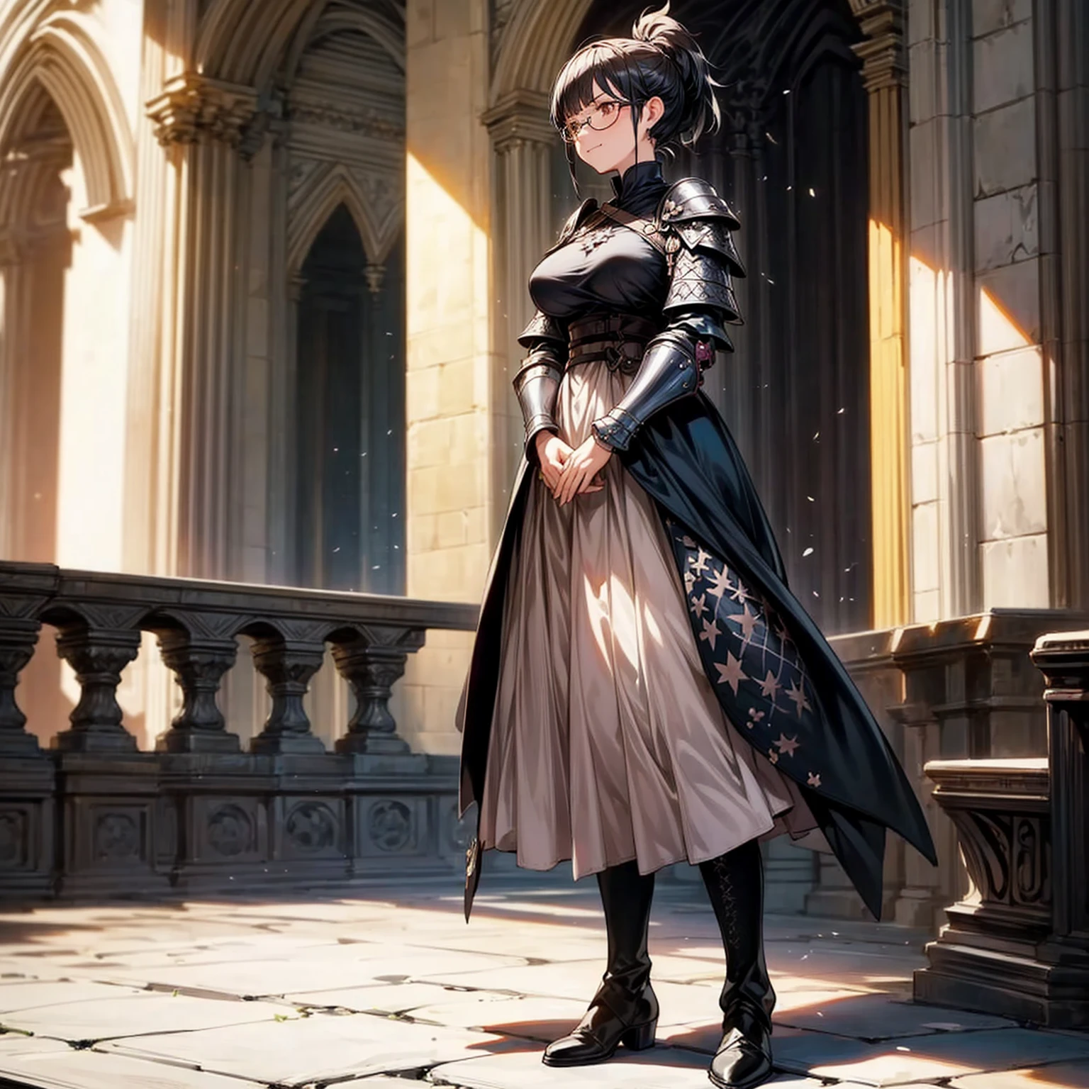 Solo character, full body version, girl, short hair, ponytail, black color hair, brown eyes, Round glasses, medieval soldier clothing, heavy armor, pink long dress, black boots, detailed shadow, (black clover style art), indoor, Castle, gesture bodyguard, sad eyes, smile mouth, Big breasts, high lighting effect