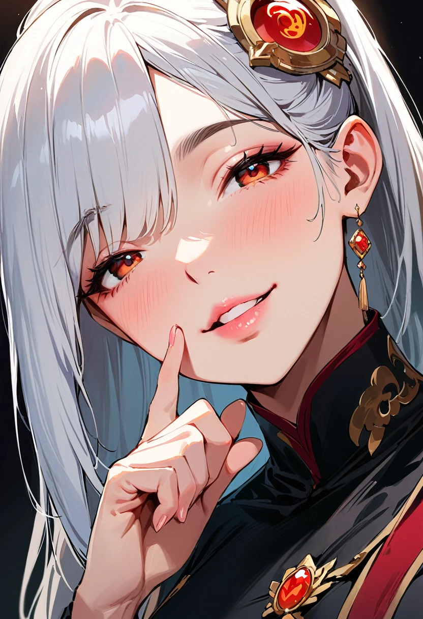 (masterpiece, best quality:1.4), 1 girl, 独奏, Red pupil, Blurred eyes, Smile, Look up and down, Pink lower lip, Left index finger touching face, Silver asymmetrical hairstyle, Long bangs on one side, High ponytail royal sister, Huge breasts, Black dress dress, Vision, black background.