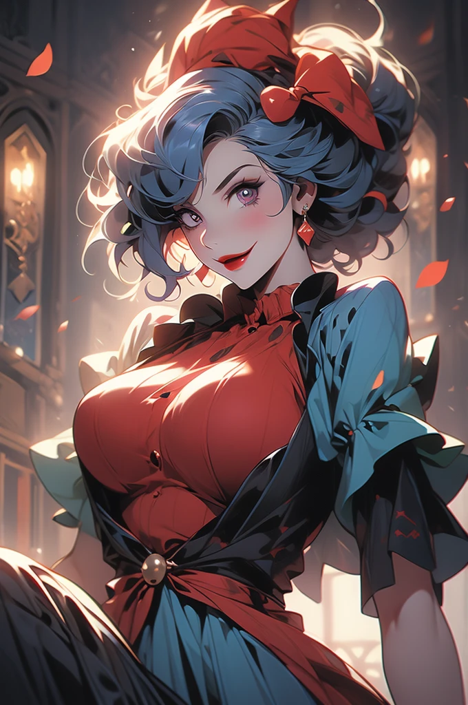 1girl, medieval jester, clown, clumsy, sinister, large breasts