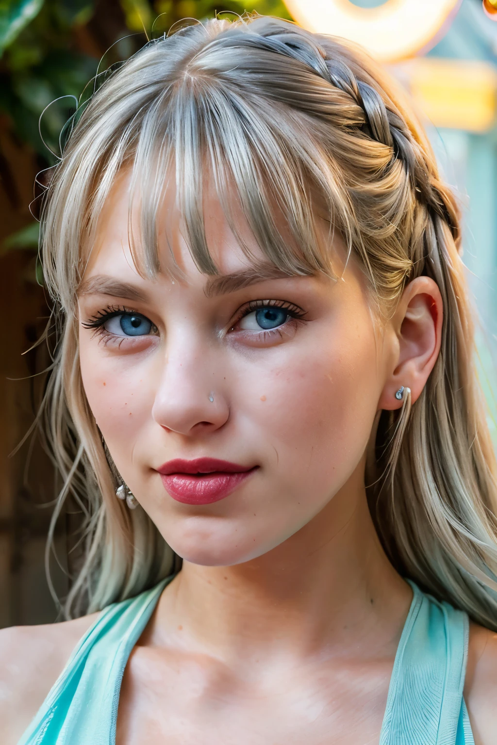 a close-up of a person holding an ice cream cone, sweet girl, woman with wavy silver hair, bangs, light blue eyes, red lips, tender green dress,