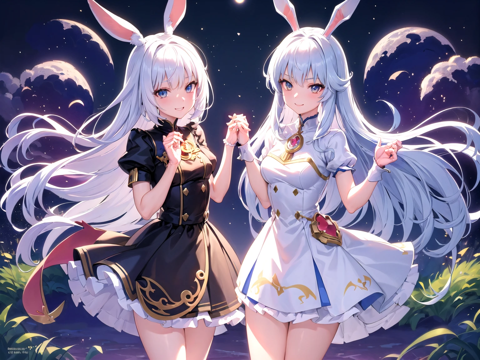 ((Anatomically correct, Super Detail, Awards, masterpiece, Highest quality, 三日moon形の髪飾り, Cinema Lighting, 8k, The whole body is projected)) , One personの女の子, (((Five Fingers, Accurate hand shape, Unbroken Fingers))), Small breasts, White Hair, Wear a dress, skirt, フレアskirt, Smiling Kindly, Anime Fantasy, 流れるようなWhite Hair, Fantasy Anime,Bunny ears:1.5. Ethereal Anime, Beautiful anime art, Beautiful digital art, Anime Fantasyアートワーク, Anime Fantasyアートワーク, Sheet.One person, Suzuran Field, Stand, moon, moon光が降り注ぐ