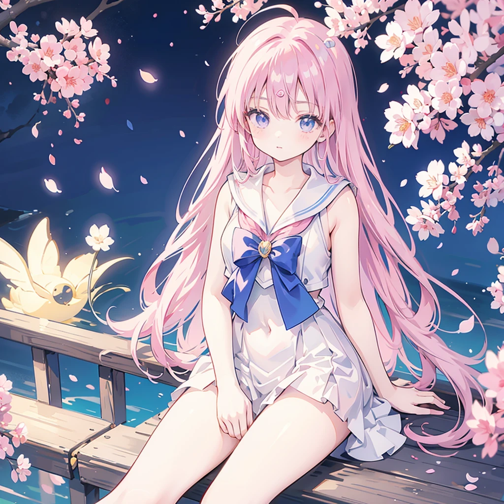 anime, a girl in a Sailor Moon costume sits under the sakura. Negative promt - without 3 or more hands, without 6 or more fingers