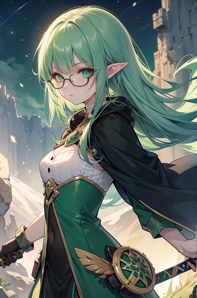 Green black layer,elf ear,girl ,galaxy eyes color,fortress scenery,,virtual eyes glasses,holding a sword,fucking