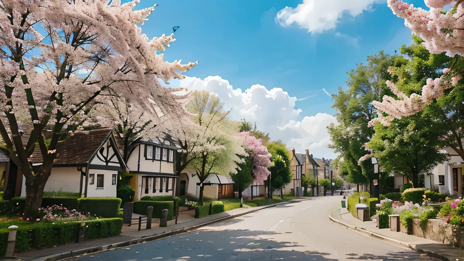 A beautiful Fairy town with houses and street and blossom flowers