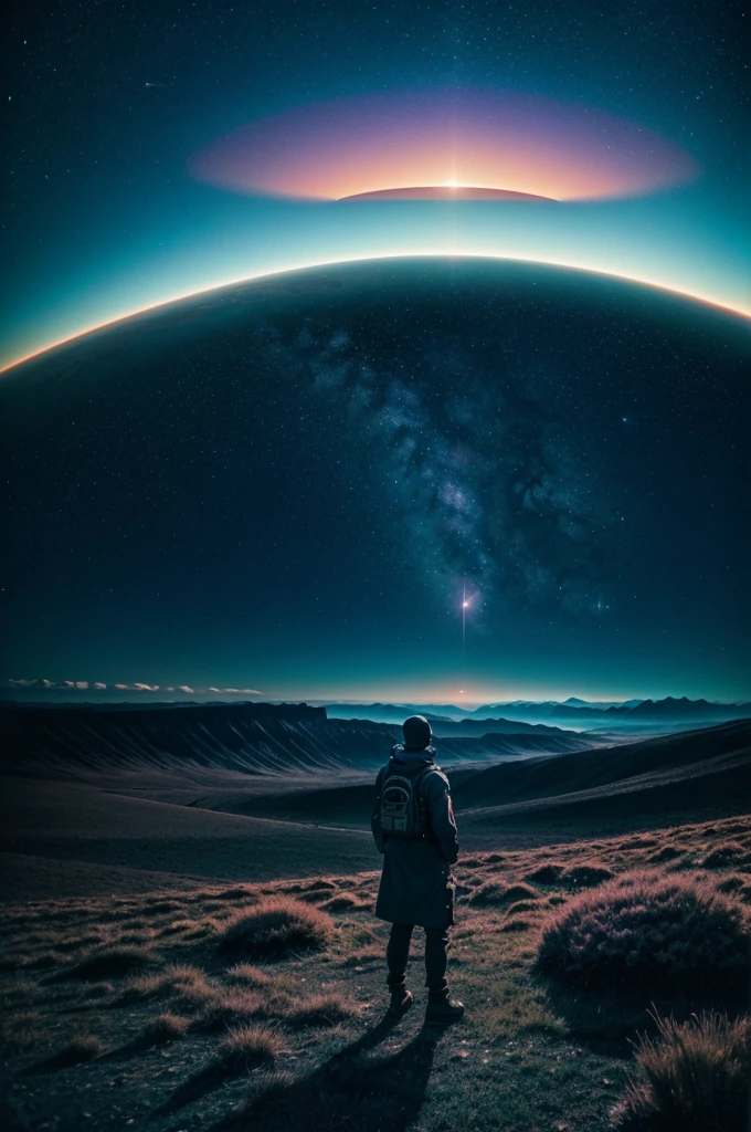 Person observing cosmic phenomena in an alien landscape, mystical, surreal, vibrant, dramatic, ethereal, DSLR, wide-angle lens, twilight, fantasy landscape, Kodak Ektachrome