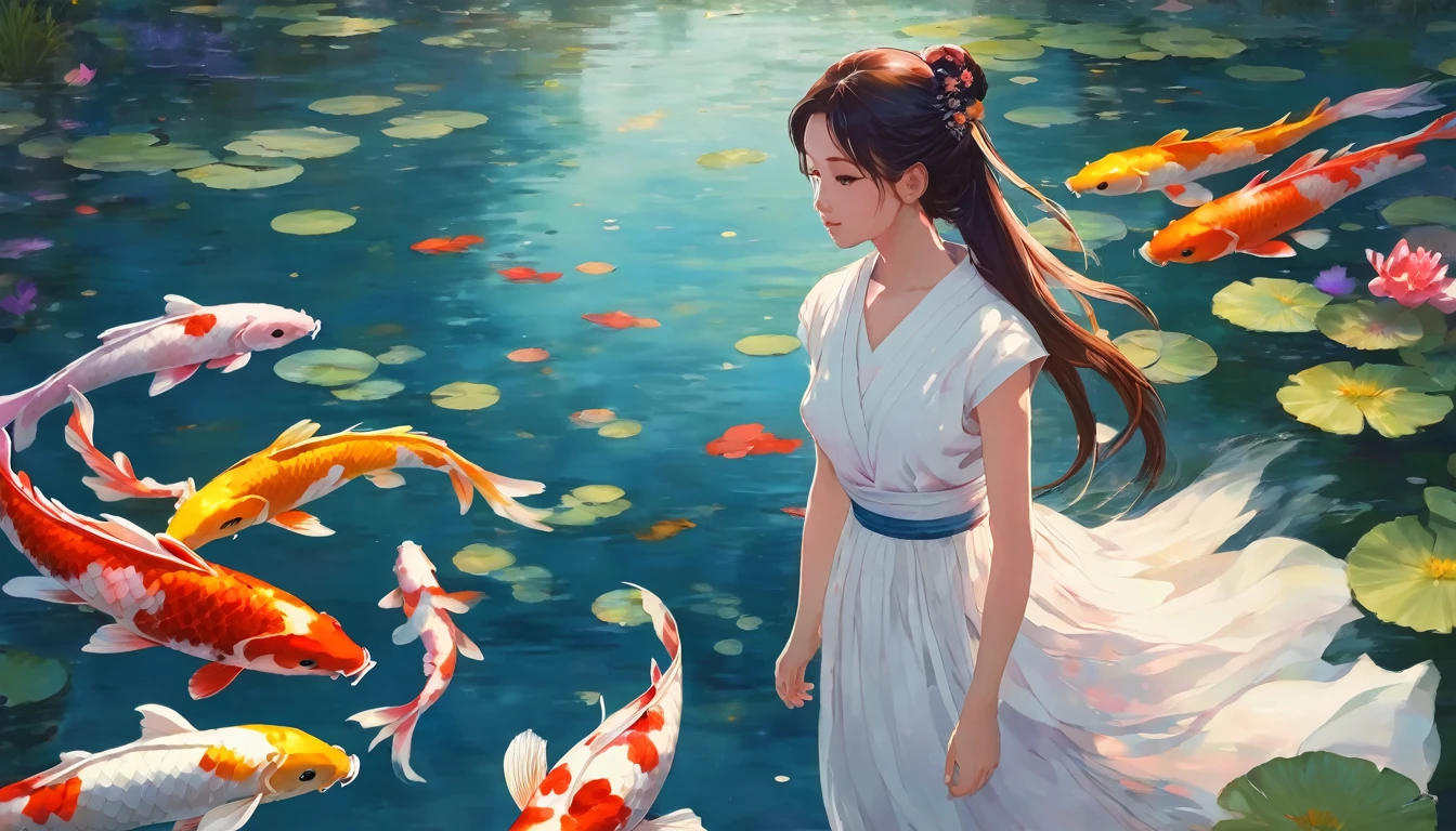 "A serene scene featuring a young girl wearing a flowing white dress, standing gracefully amidst a pond filled with vibrant koi fish. She is surrounded by beautiful flowers of various colors, gently swaying in the breeze. The girl has long, flowing hair and a serene expression on her face, capturing the tranquility of the moment. The artwork should be in Niji anime style, with vivid colors and soft, ethereal lighting that accentuates the delicate features of the girl and the lively koi fish swimming around her." 