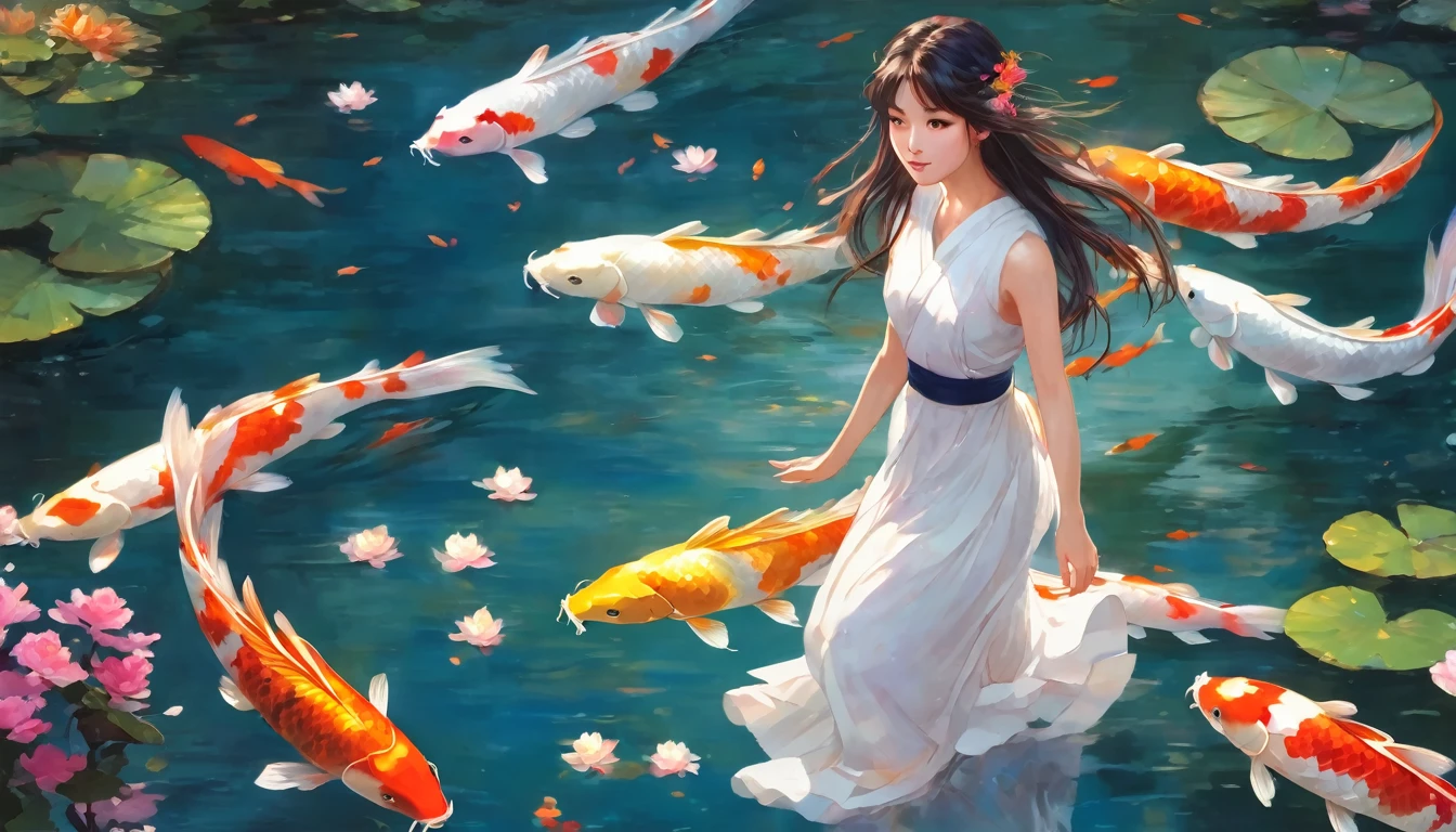 "A serene scene featuring a young girl wearing a flowing white dress, standing gracefully amidst a pond filled with vibrant koi fish. She is surrounded by beautiful flowers of various colors, gently swaying in the breeze. The girl has long, flowing hair and a serene expression on her face, capturing the tranquility of the moment. The artwork should be in Niji anime style, with vivid colors and soft, ethereal lighting that accentuates the delicate features of the girl and the lively koi fish swimming around her." 