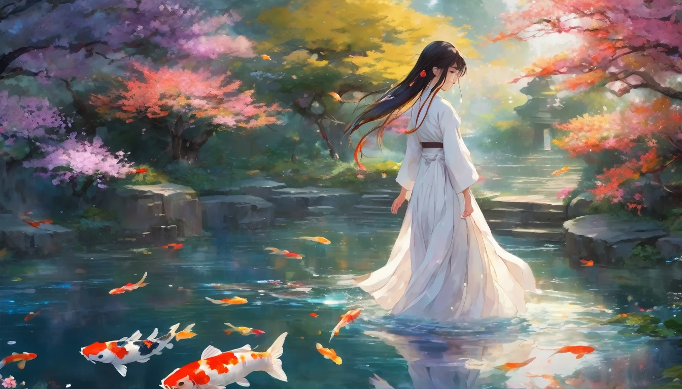 "A serene scene featuring a young girl wearing a flowing white dress, standing gracefully amidst a pond filled with vibrant koi fish. She is surrounded by beautiful flowers of various colors, gently swaying in the breeze. The girl has long, flowing hair and a serene expression on her face, capturing the tranquility of the moment. The artwork should be in Niji anime style, with vivid colors and soft, ethereal lighting that accentuates the delicate features of the girl and the lively koi fish swimming around her." 