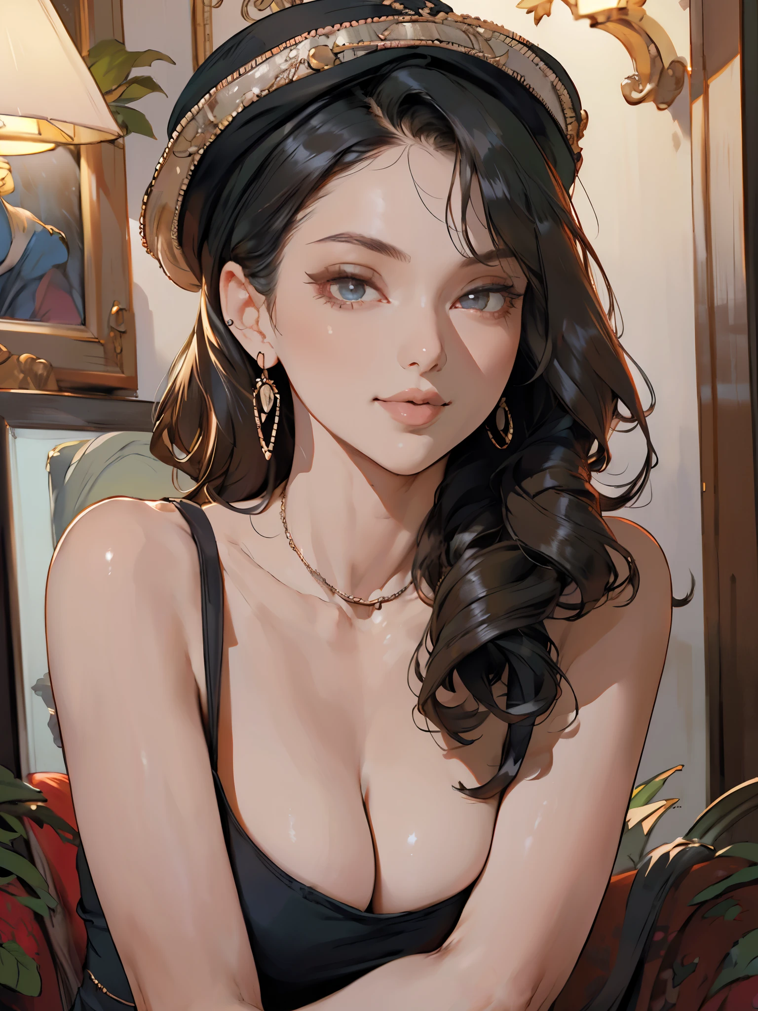 1girl, bust shot, detailed face, looking at viewer, detailed hair, curly hair, full lips, detailed eyes, intricate jewelry hat, blush, detailed skin, shoulder, drapped dress, sideboob, soft lighting, (realistic, photorealistic), masterpiece, highest quality, hazel eyes, black hair, earrings, parted lips, smile, art nouveau,