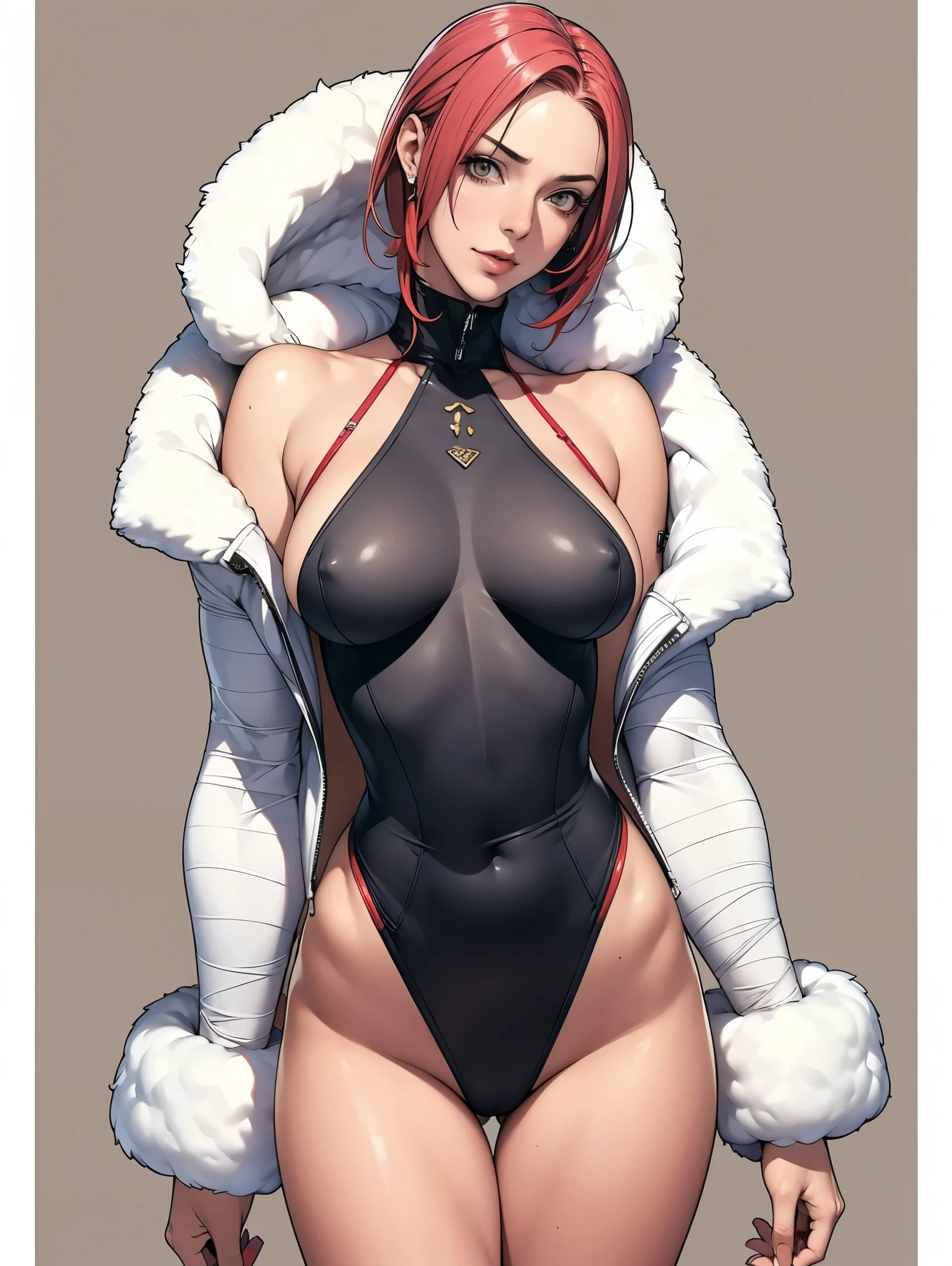 (((Annie Lennox))), (((colorful suit))), (scars), (((bandaged arms))), (((colorful clothes))) (( hood)), (((best quality: 1.4))), (Unbeatable masterpiece), (hyper HD),(CG 8k hyper-realistic), beautiful face, (((breasts big))), (((hyper feminine))), sexly girl, black tattoo,（ultra short red hair with white highlights)), ((( sculptural body ))), (((1 Kizi))), Kizi tatuada de 25 anos com perfect body,,Beautiful and well-groomed face,muscular body:1.2,solid color detailed jacket, (Head to thigh photos)， Complex equipment, ，Tight clothes，With white stars and off-white stripes,,,,,Armor Metal Electronic Parts, Poison tattoos ) INFO, Kizi, (((standing alone))), , 24歳, sexy, pose de attitude, work of art, dancing, ((slight smile)), post-apocalypse, (((manga style))), bounty hunter, the way you want, perfect body, roupa moderna, advanced technology, white, yellow accent, black, red accent, fur collar jacket, sleeves with vertical striped pattern, background city, (( cowboy shot )). intricate visual, narrow waist, (((wide hips))), wide hips, fit thighs, (((thigh gap))), Thigh gap, background shows a futuristic airplane, open expression, expression happy