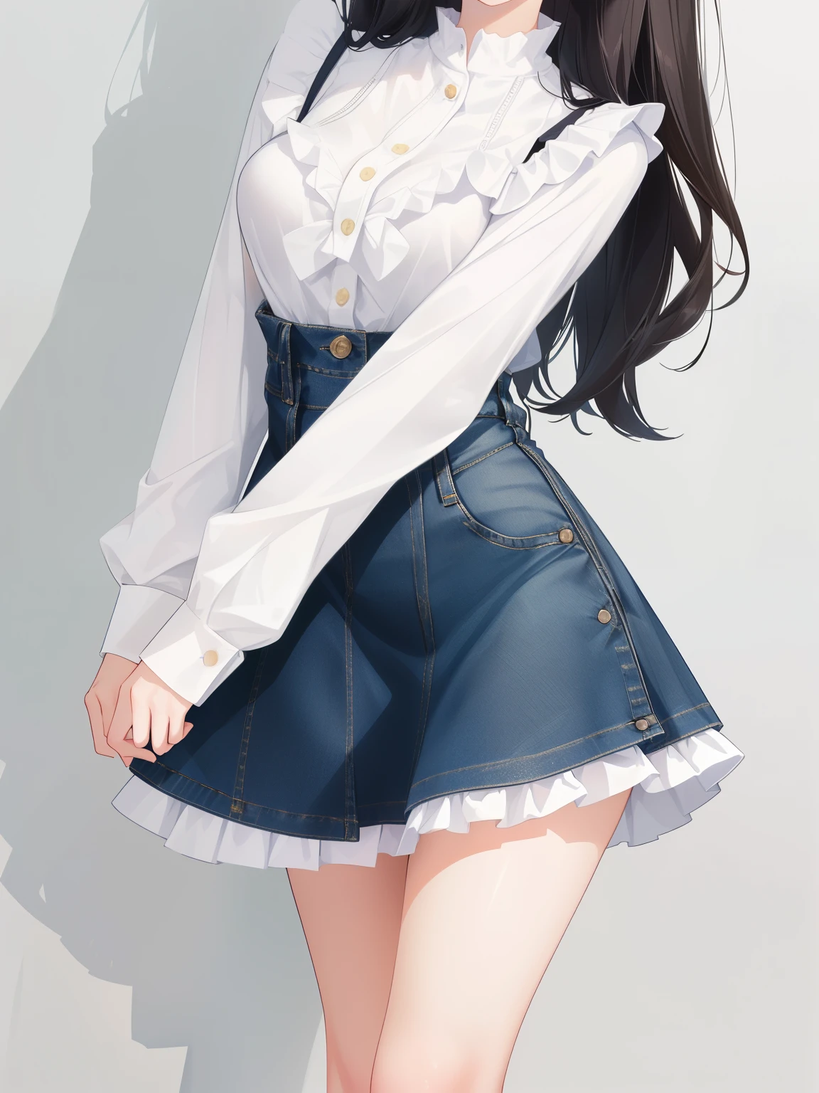 a close up of a woman in a skirt and a white shirt, mini jeans skirt, beautiful clothes, beautiful short skirt, mini-skirt, cute style, frilly outfit, photo of slim girl model, with a thin waist, kawaii style, wearing skirt, ulzzang, lovely and cute, kawaii shirt and jeans, fashion clothing