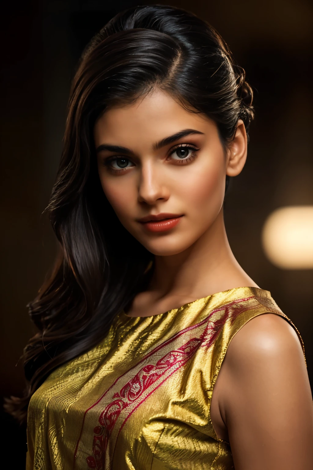 In this photograph, an Indian Instagram female model in her mid-20s takes hugging her self. (highly detailed face:1.4) (smile:0.7) (background 5-star hotel, moody, private study:1.0V, by Lee Jeffries, Nikon D850, film stock photograph, 4 Kodak Portra 400, camera f1.6 lens, rich colors, hyper-realistic, lifelike texture, dramatic lighting, Cinestill 800, realistic). She is wearing a apple printed modern saree that exudes elegance and sophistication. The saree features a vibrant and intricate design with rich colors and detailed patterns, draped gracefully around her. The model's hair is styled in a classic bun with jasmine flowers, adding a modern twist to her traditional attire.
The photograph is meticulously captured in 8K resolution using cutting-edge techniques such as Cinema 4D and Octane Render, resulting in a highly detailed and photorealistic image. Studio lighting, HDR, and a smoky mist create a captivating ambiance, while the bokeh effect adds an artistic touch.
