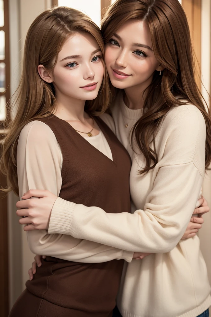 Blond man hugging woman with brown hair