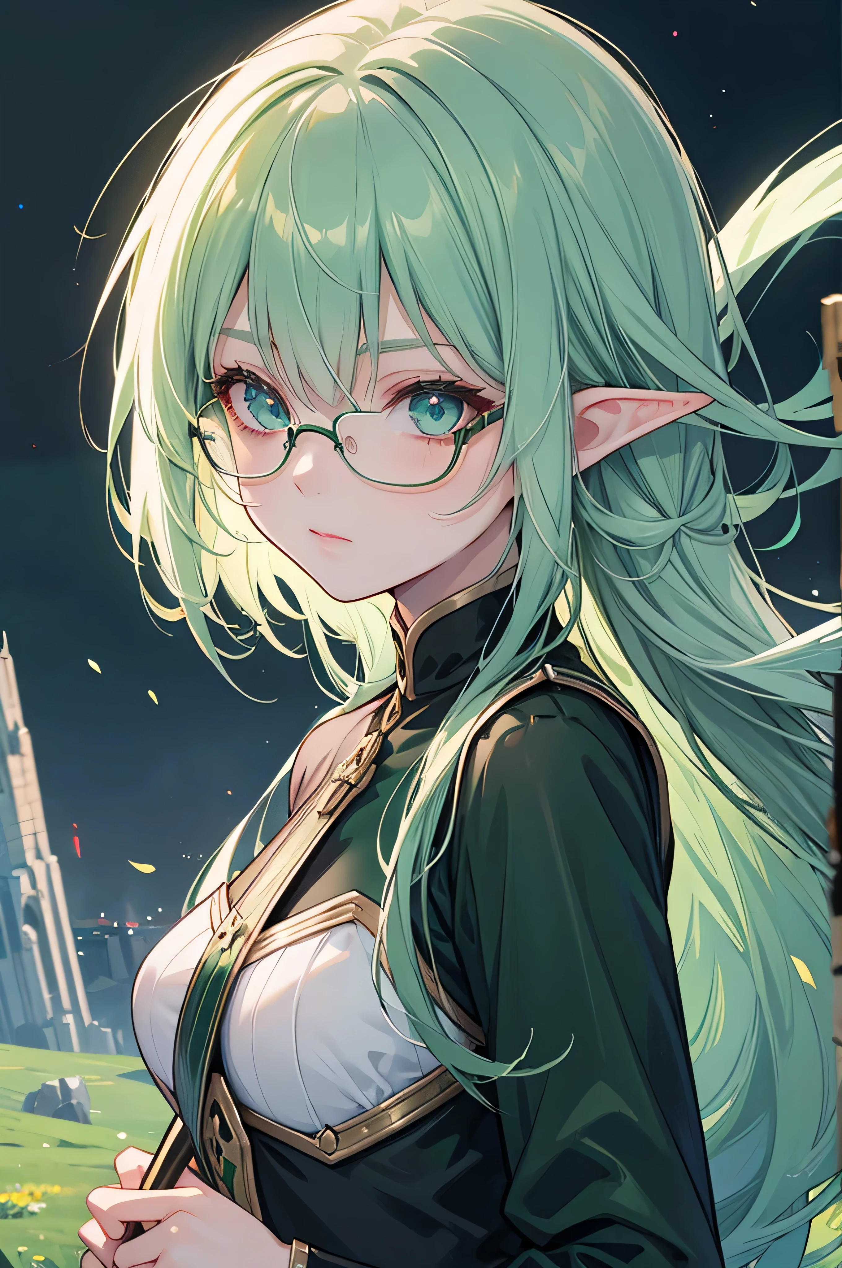 Green black layer,elf ear,girl ,galaxy eyes color,fortress scenery,,virtual eyes glasses,holding a sword,fucking