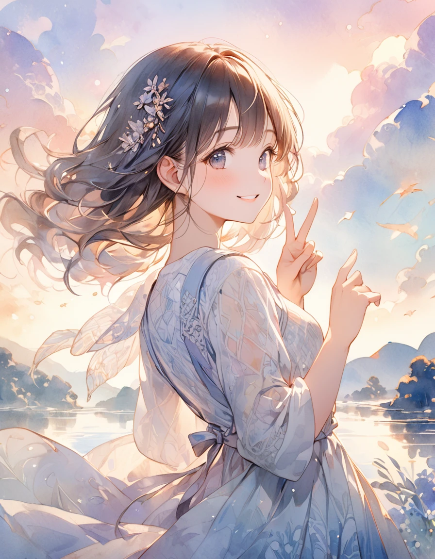 artwork of a young girl with a beautifully radiant smile, posing with her left hand up towards the sky as if reaching for her dreams. Her face should convey a sense of wonder and optimism, with delicate features and intricate details. The background should be a soft, (((dreamy watercolor-style landscape))), (((reminiscent of a famous watercolor artist's masterpiece))). The overall aesthetic should be ultra-detailed, with textured fabrics, subtle shading, and intricate patterns, (((correct fingers anatomy)))